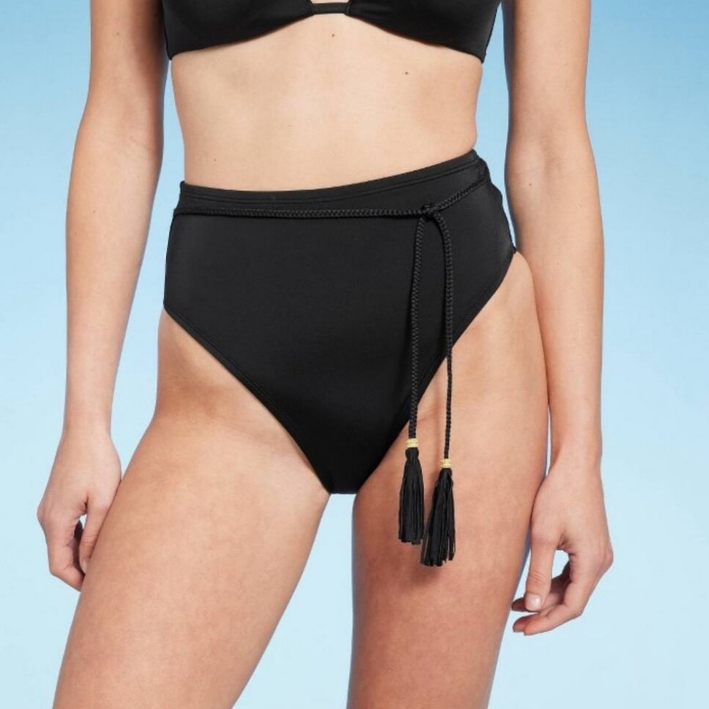 NWT Shade & Shore High Waist High Leg Extra Cheeky Black Tassle Bikini Bottom